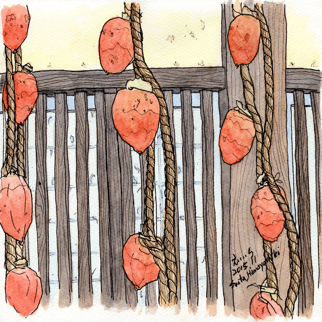 私のスケッチポイント／作品紹介あれこれ＞吹田市・浜屋敷の干し柿