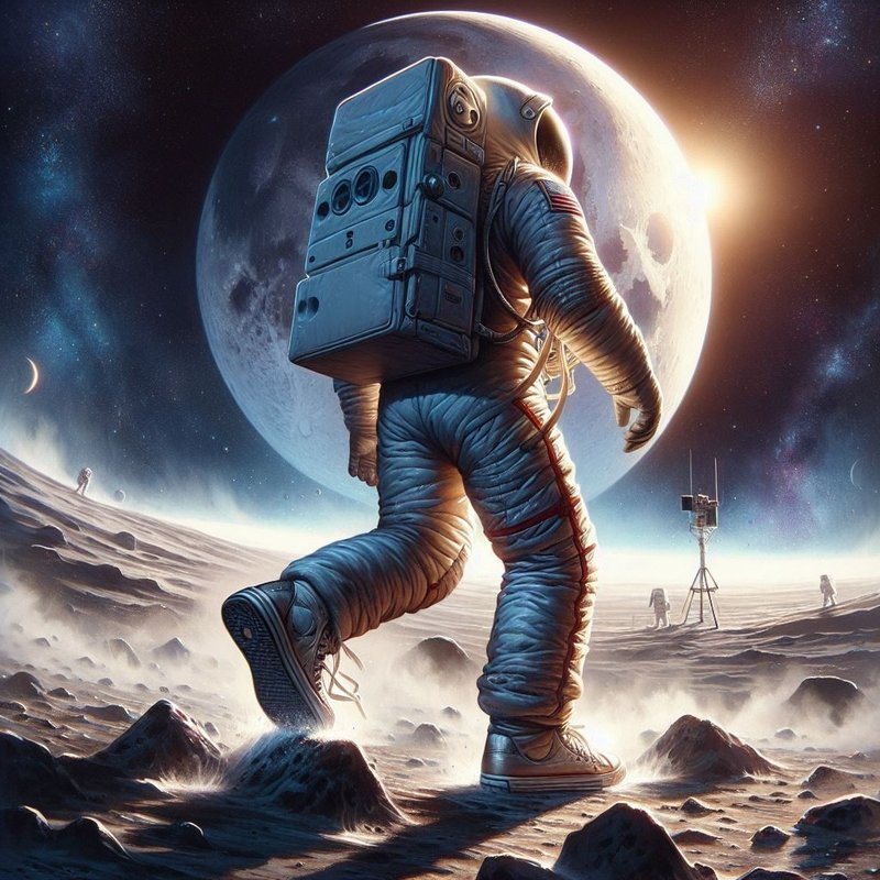 Microsoft bing  Image Creatorで生成してみた画像。「月面で一歩を踏み出す宇宙服の人　デジタルアート」