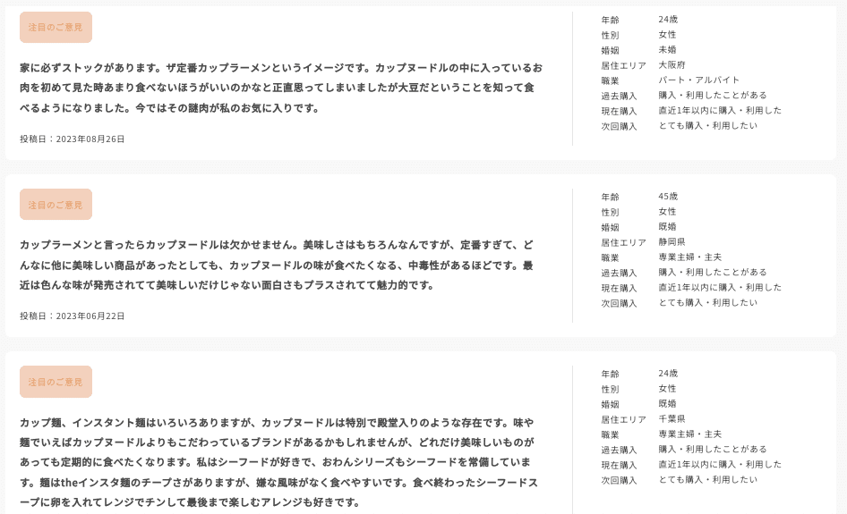 Knowns 消費者リサーチ調べ：商品・サービスへの意見_カップヌードル　現在購買層/注目のご意見