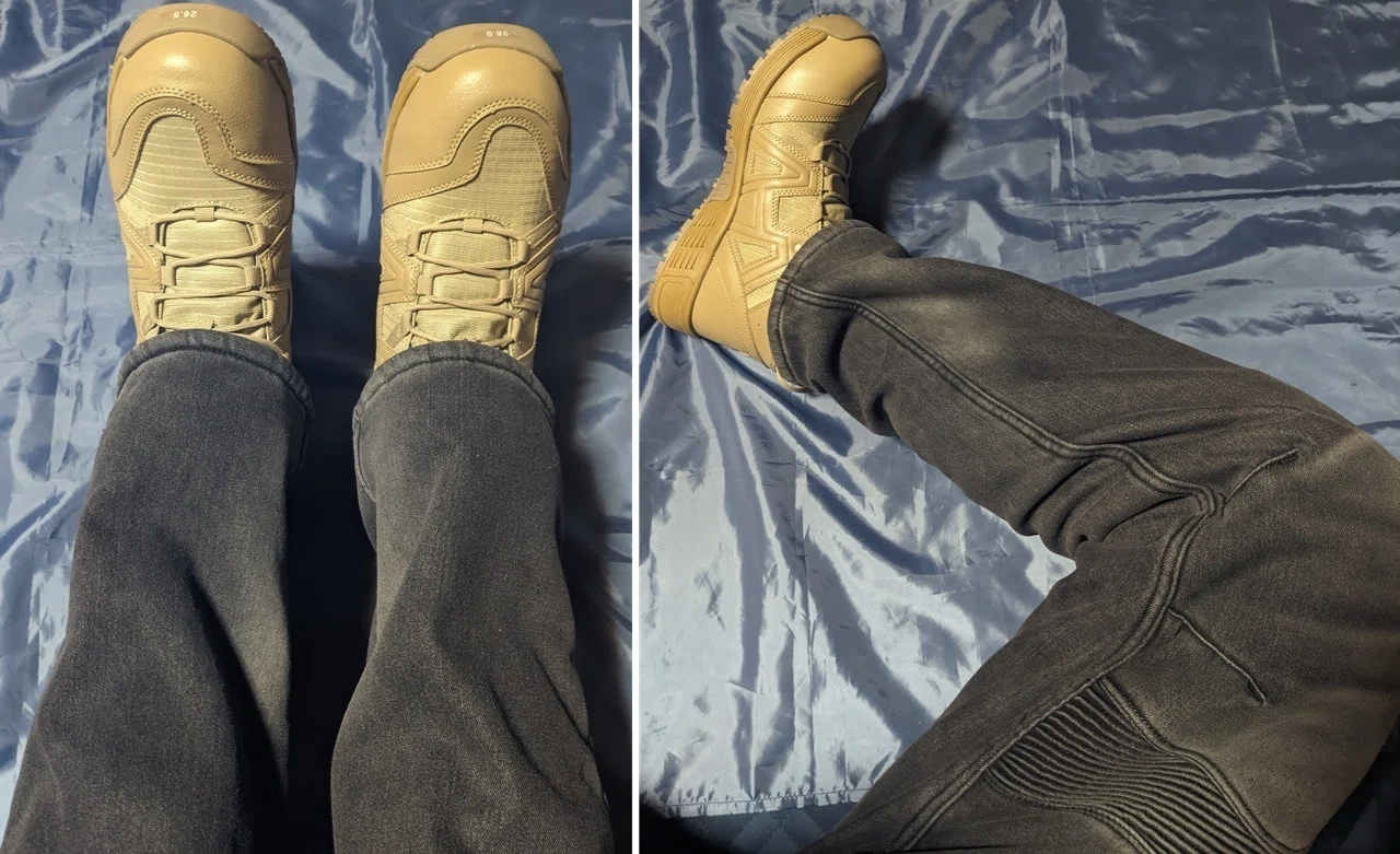 ﾊﾞｲｸ用品ﾚﾋﾞｭｰ[WORKMAN:EUROﾎﾞｱ防風ｳｫｰﾑﾊﾟﾝﾂ(ﾃﾞﾆﾑﾌﾞﾗｯｸ)］～色落ち 