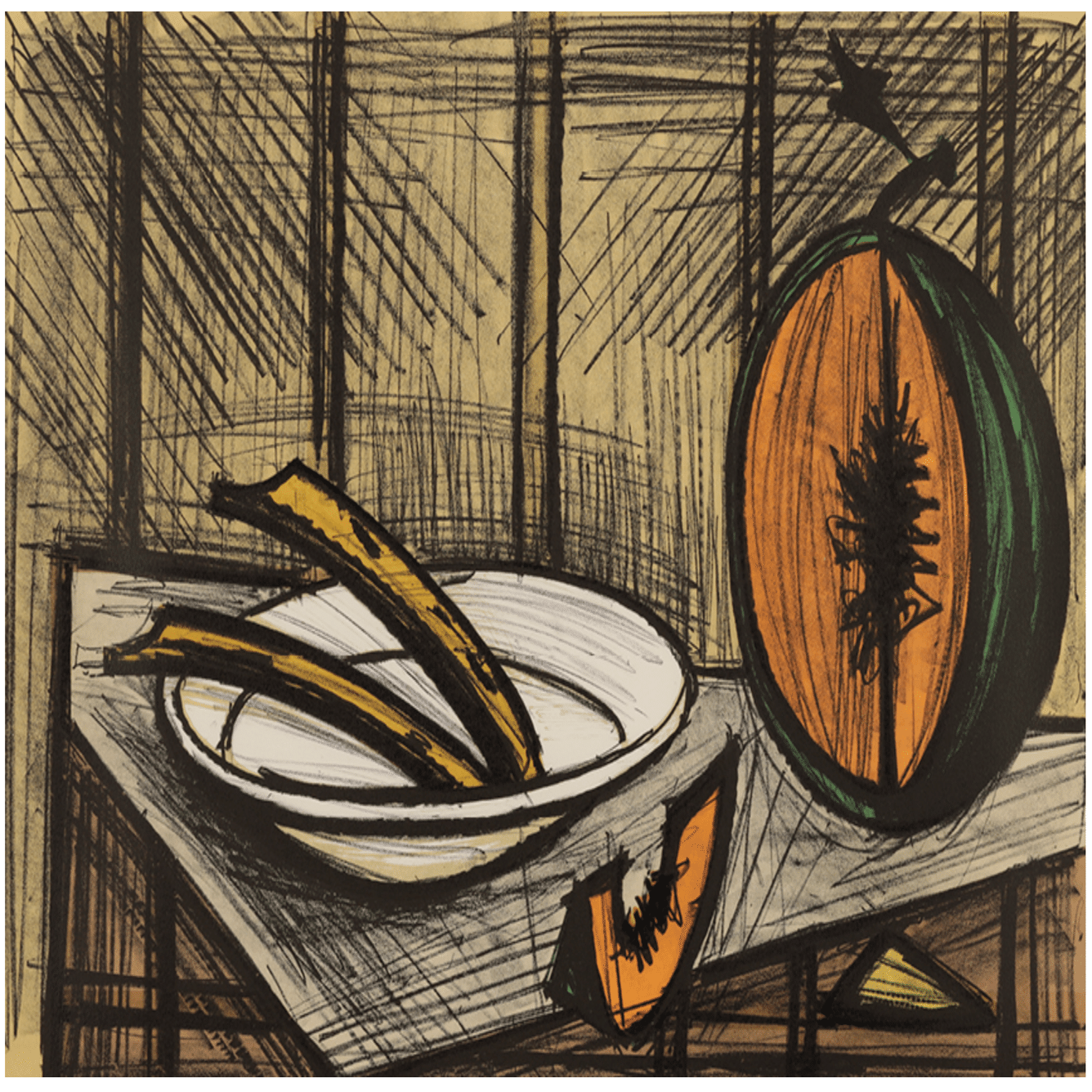 ベルナール・ビュッフェ】 版画 / リトグラフ 「メロンのある静物