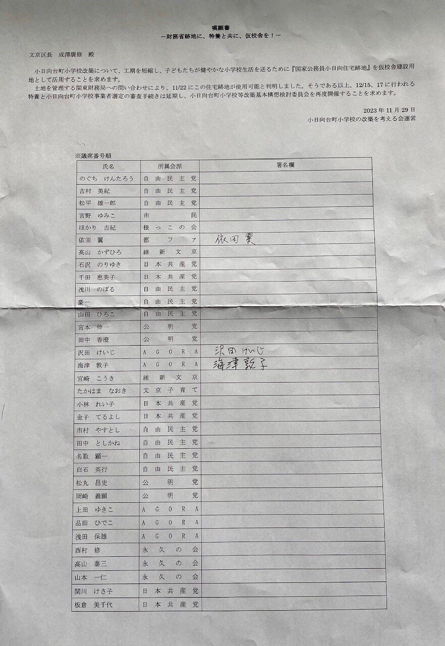 小日向台町小学校改築】区議への嘆願書への署名依頼（区議