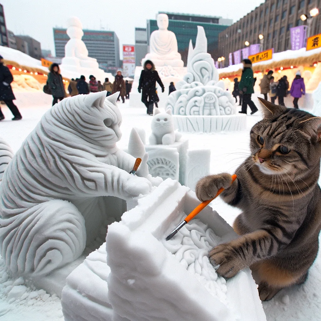 DALL·E 猫の雪像作り｜ねこ鉄道（jae02546）