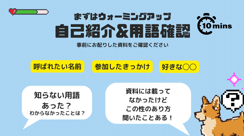 スライドには、まずはウォーミングアップ　自己紹介&用語確認　事前にお配りした資料をご確認ください。　呼ばれたい名前　参加したきっかけ　好きな〇〇　、吹き出しの中に　知らない用語あった？わからなかったことは？、資料には載ってなかったけど　この性のあり方聞いたことある！と書かれています。左上に10mins、右下に犬のイラストがある