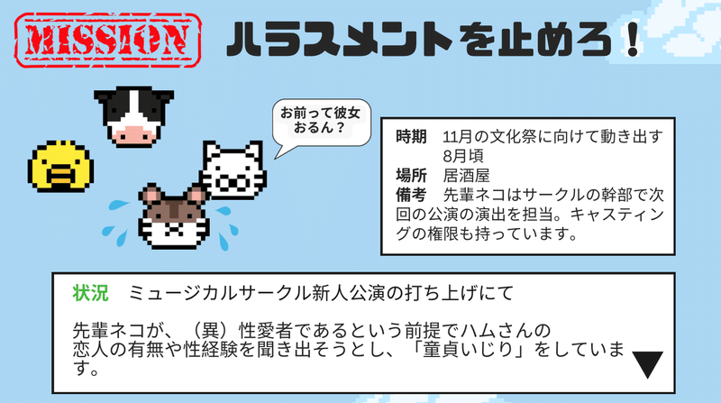 MISSION ハラスメントを止めろ！と見出しに書かれている。右側に時期　11月の文化祭に向けて動き出す 　　　8月頃 場所　居酒屋 備考　先輩ネコはサークルの幹部で次回の公演の演出を担当。キャスティングの権限も持っています。下に状況　ミュージカルサークル新人公演の打ち上げにて  先輩ネコが、（異）性愛者であるという前提でハムさんの 恋人の有無や性経験を聞き出そうとし、「童貞いじり」をしています。と書かれています。左側に　ひよこ、うし、お前って彼女おるん？と発言するねこ、困っているハムスターのイラストがある