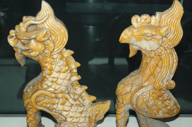 中国古玩 古瓦 神獣紋　直径約13cm　高約4cm　重さ472g 四神紋瓦當（白虎/朱雀） Roof Tile End】中国‐西漢時代