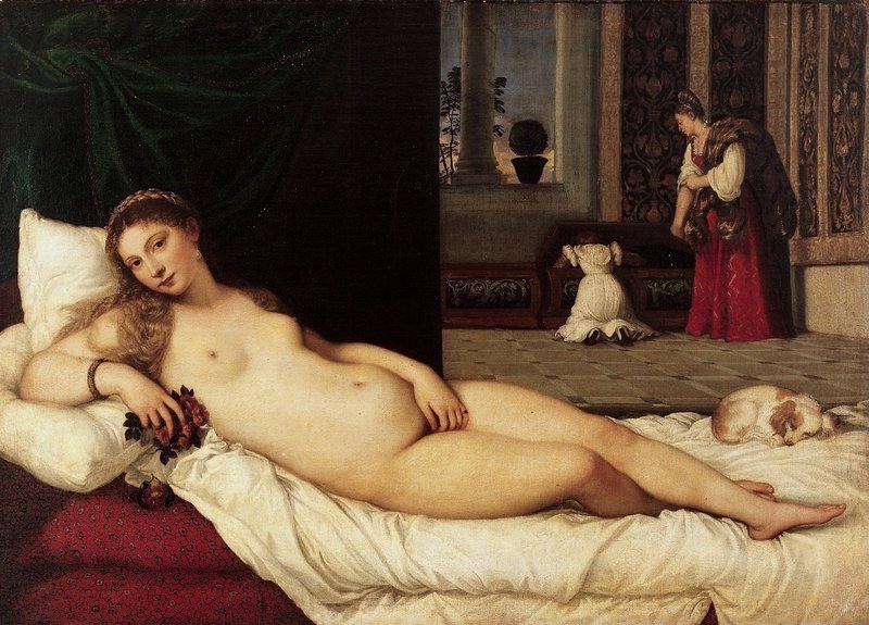 今日のアート占い 「好きを貫いて。あなたの心のままに行動してみましょう。」  ヴィーナスのポーズはジョルジョーネの『眠れるヴィーナス （Sleeping Venus, 1510年頃 アルテ・マイスター絵画館）』を模倣した作品だそうですが、ティツィアーノはさらに官能的になっています。  ヴィーナスは右手に愛を表す花束を持ち、貞節を象徴する犬が眠っていてその役割を放棄しています。 この絵を依頼したのはウルビーノ公爵グイドバルド2世・デッラ・ローヴェレ。 そして花嫁はかなり年下でその性的教育という説もあ