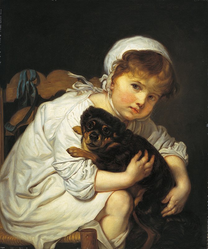 今日のアート占い 「自由に振る舞おう。子供や動物みたいに無邪気になろう。」  ふっくらほおの小さな可愛い女の子が、子犬を抱えてこちらをみています。 幼児の可愛い魅力満載です。 ジャン=バティスト・グルーズは、1760年代から80年頃まで、フランスで絶大な人気を誇った風俗画家。 彼が好んで描いたのは、普通の市民だったそうです。