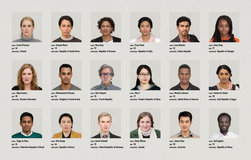18人の顔写真と名前、年齢、国籍のテキストが並んでいる。