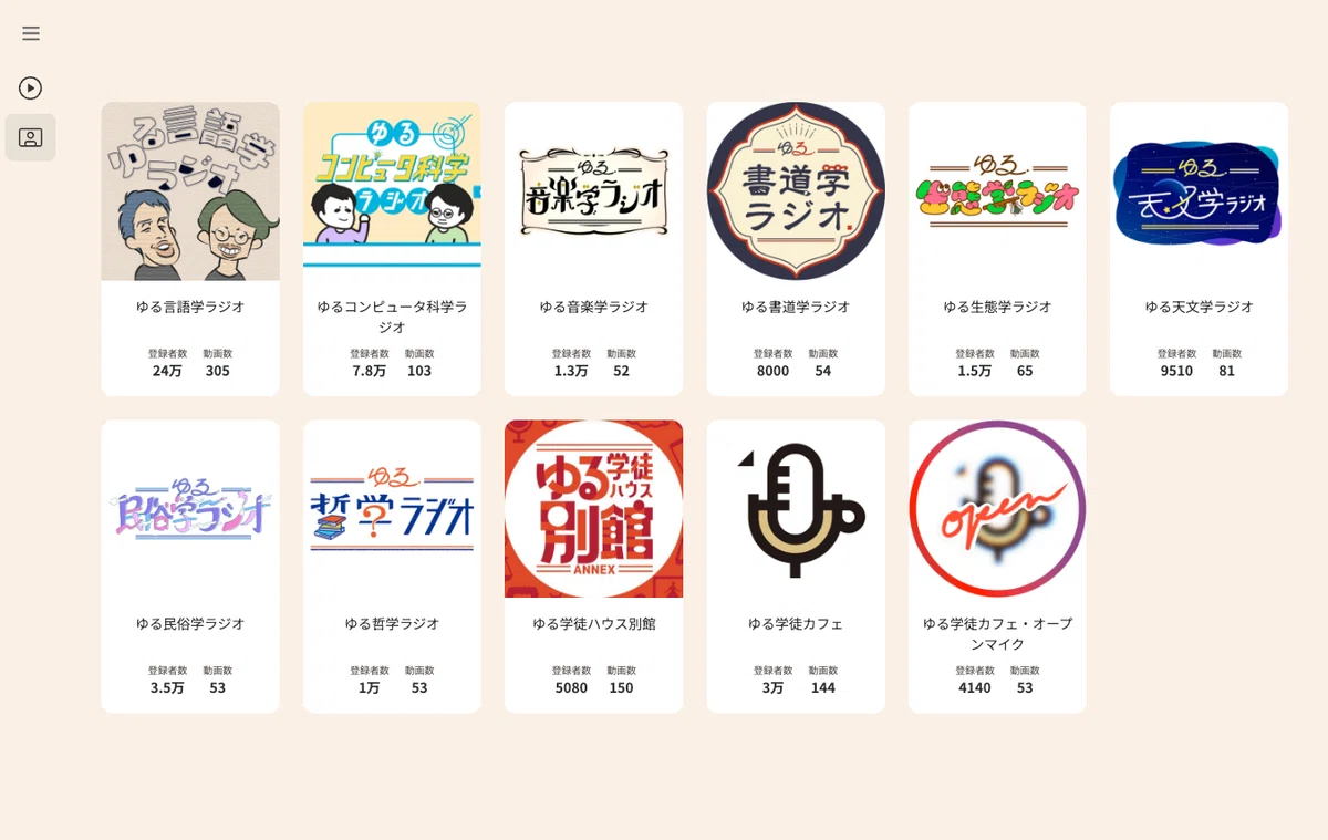 ゆる◯◯学ラジオまとめサイトのチャンネル一覧画面の様子。チャンネルのサムネイルや登録者数などのリストが並んでいる。