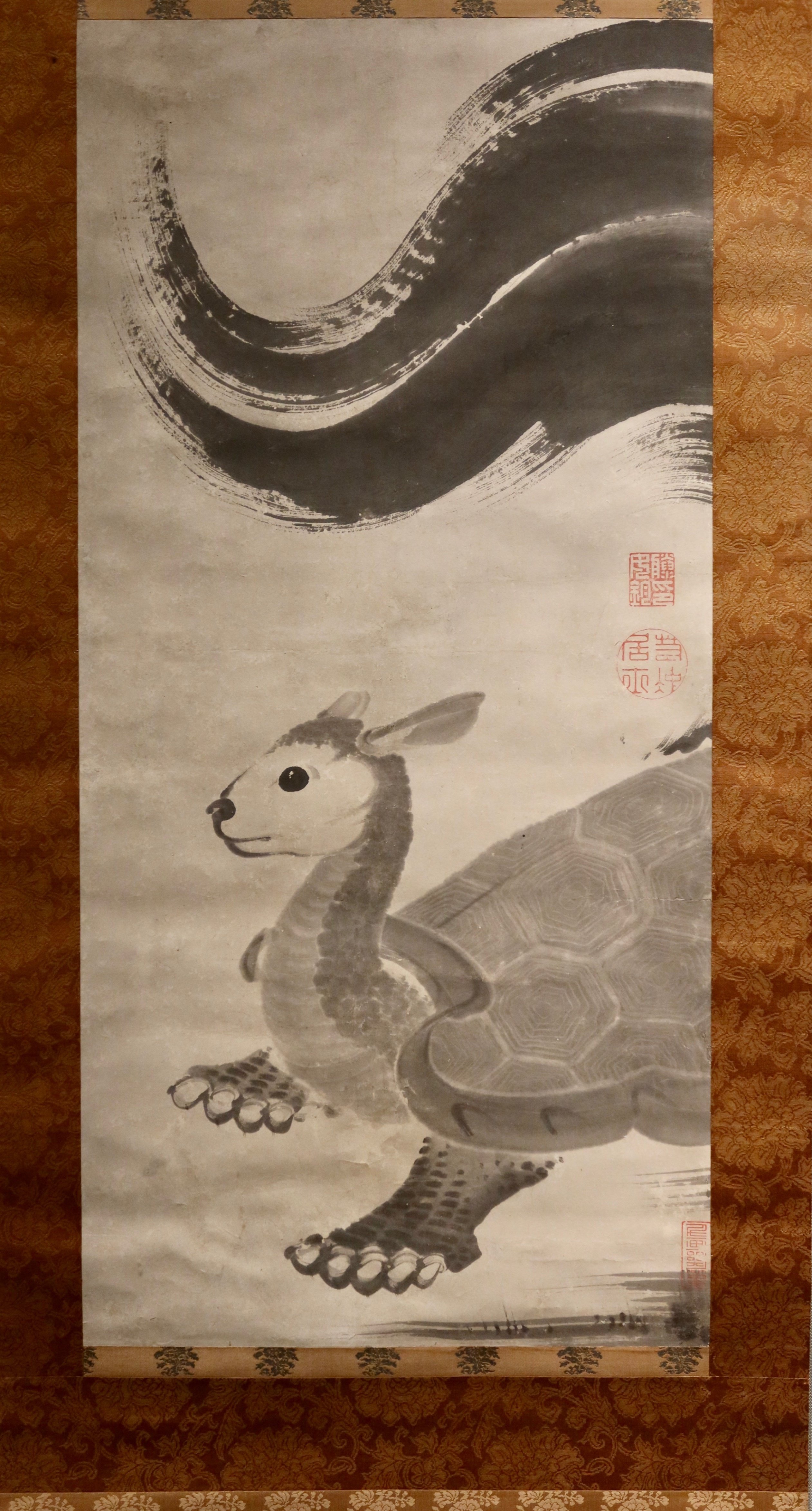 掛軸 達磨絵 滝に人物 牛引風景 まとめて 肉筆 3本 在銘