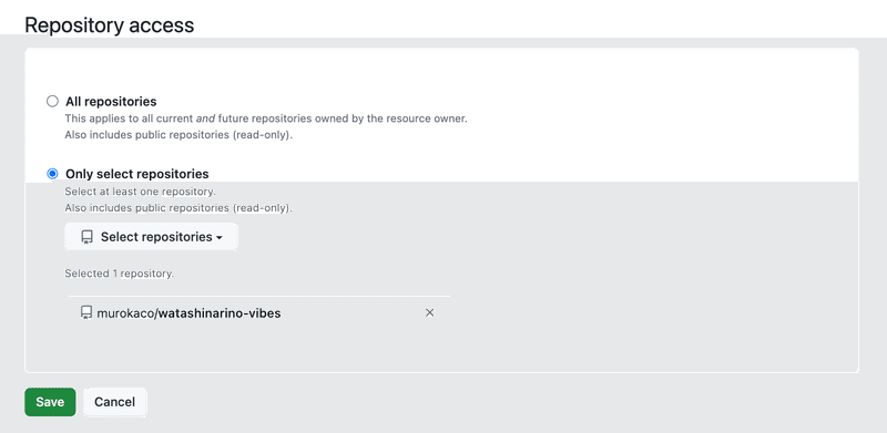 GitHub のRepository access選択画面