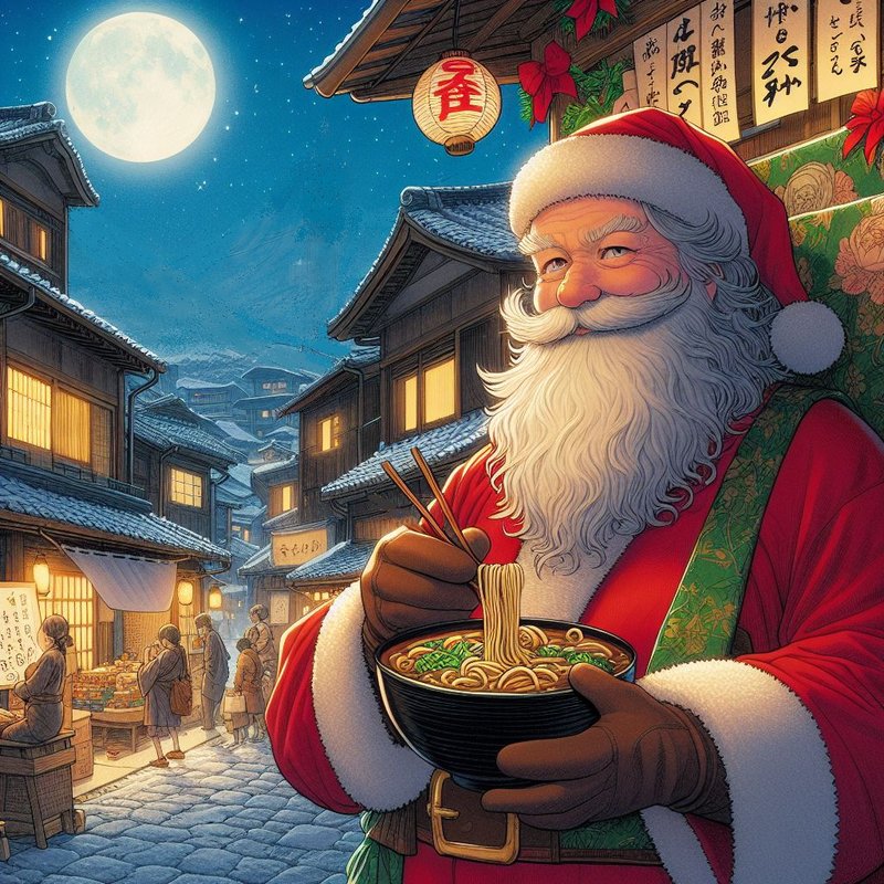 サンタクロースが江戸の町にタイムスリップ。「寒い夜にはあったかい蕎麦だね」