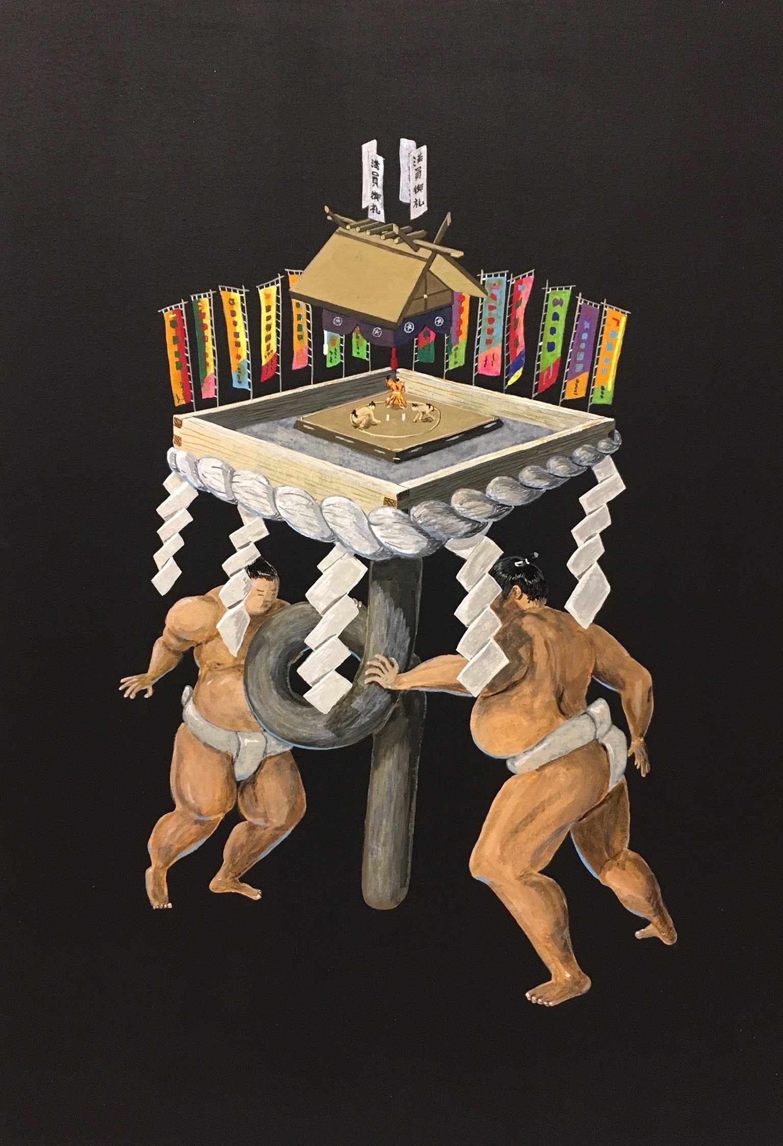和風立体コラージュ作品 和風コラージュアート 立体作品 キャンバス 謹賀新年 正月