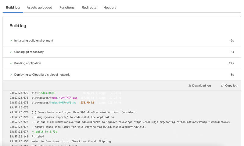 Build logのタブが選択されており、CI/CDが動いてるのが表示されている