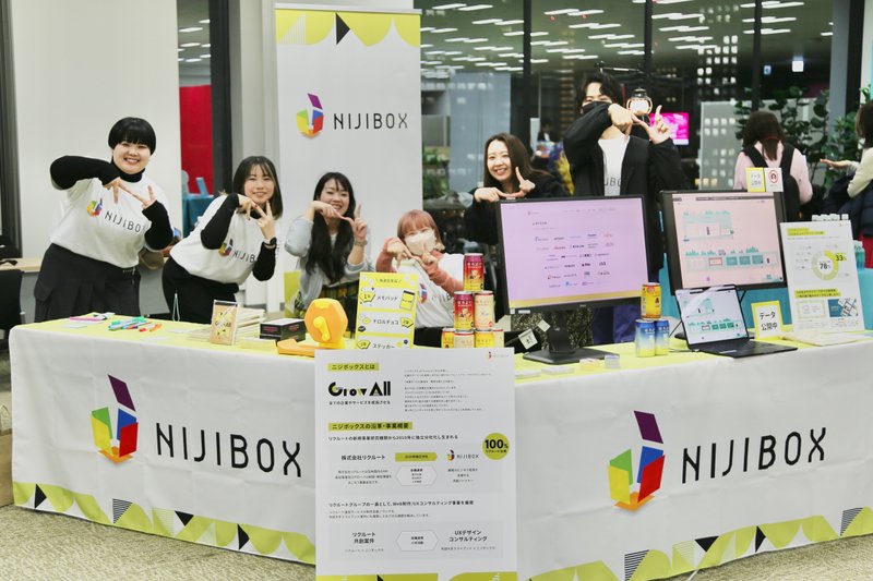 NIJIBOXと書かれた布が敷かれた長机2台の後ろに立ち、「N」を両手で表現する男女6人。机の上にはパソコンやパネルが置かれている。