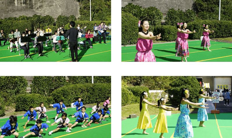 横須賀矯正展のステージで演奏する地域の吹奏楽団やダンスやよさこいを踊る地域の人たち