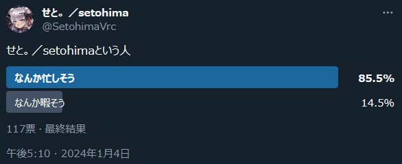 せと。／setohimaという人 『なんか忙しそう』85.5% 『なんか暇そう』14.5% 合計117票
