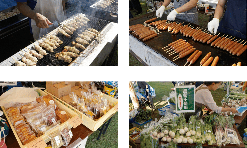 第48回府中刑務所文化祭（2023年開催）で多くの来場者が訪れた飲食ブースで販売されていた焼き鳥・フランクフルト・手作りスイーツ・農薬不使用の野菜