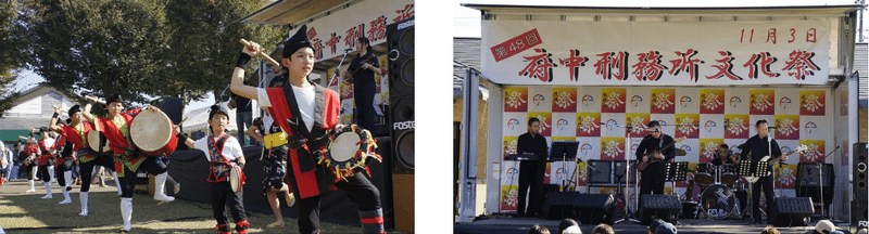 38_第48回府中刑務所文化祭（2023年開催）のメインステージで太鼓の演奏を披露する子どもたちとバンド演奏する人たち
