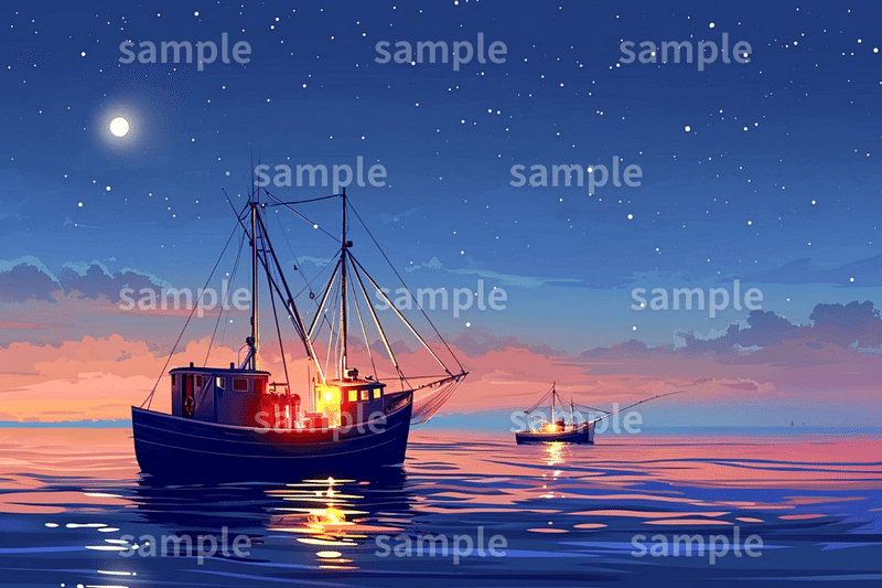 「夜の小船」フリー素材3枚セット｜夜釣り・漁師・船のイメージ画像に｜FREE