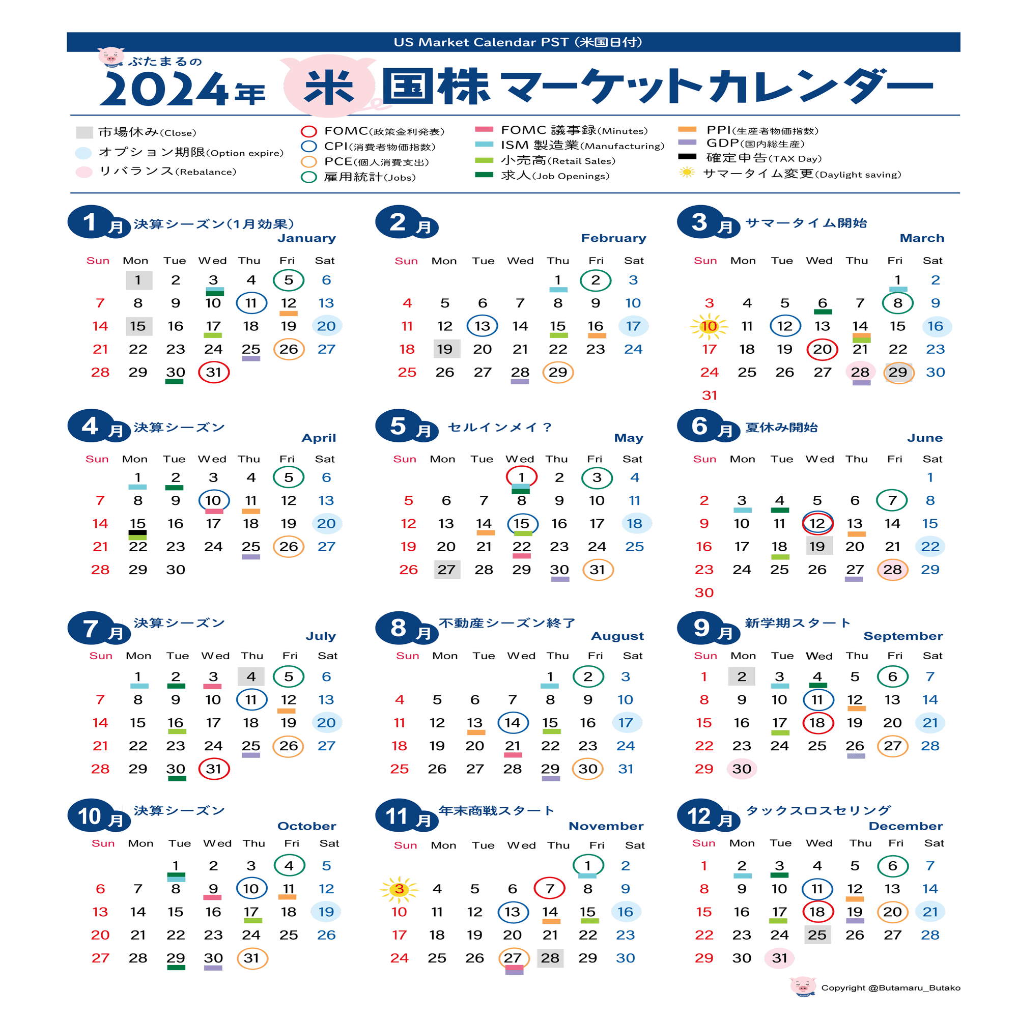 2024年米国市場カレンダー｜ぶたまる (米国株投資 )
