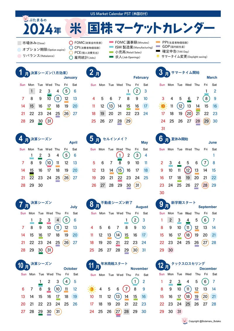 2024年米国市場カレンダー｜ぶたまる (米国株)