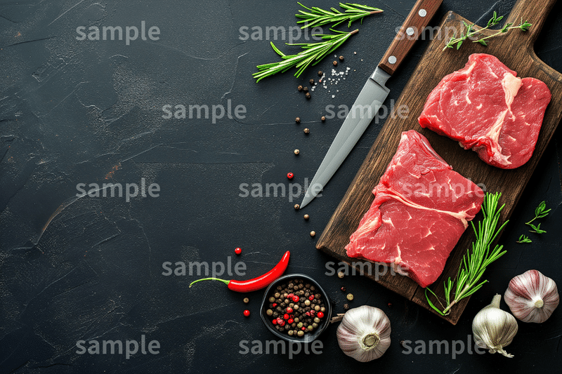 「赤身肉と調理器具」のフリー素材3枚セット｜料理シーン・食材・グルメ・飲食店のイメージ画像に｜FREE