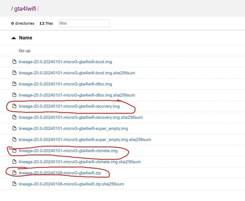 LineageOS for microG gta4lwifiダウンロードページに赤丸３つ
