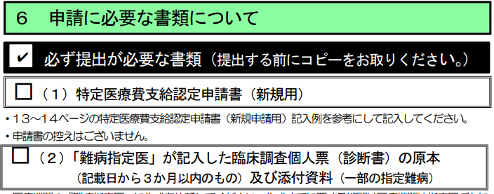 申請に必要な書類について「難病指定医」が記入した臨床調査個人票（診断書）の原本
（記載日から３か月以内のもの）及び添付資料（一部の指定難病）