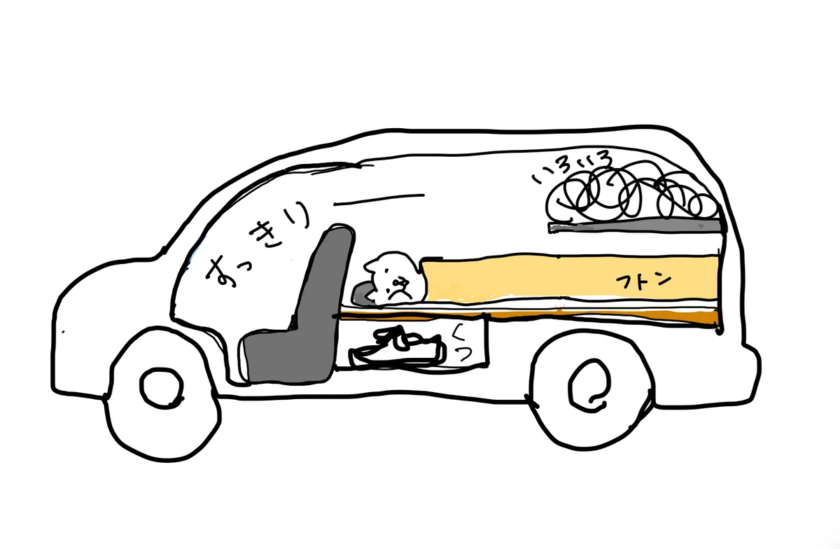 後部座席に付けた棚にものを置いて寝るイラスト