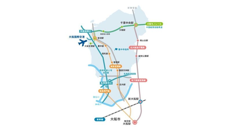 豊中市域の主な交通網を示した地図