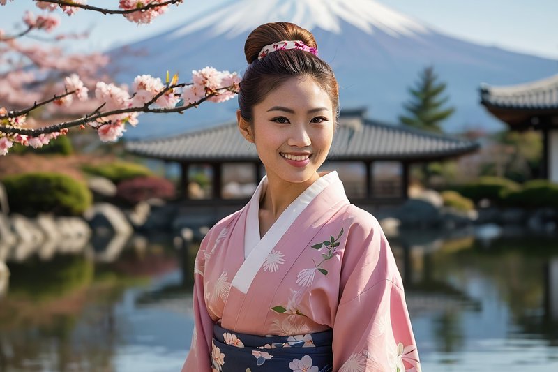 和服,フリー写真,日本人美人,（ピンク）富士山,AI画像生成,無料（フリー素材）02