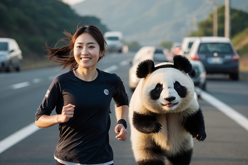 ジョギング,フリー写真,（女性とパンダ）,AI画像生成,無料（フリー素材）02