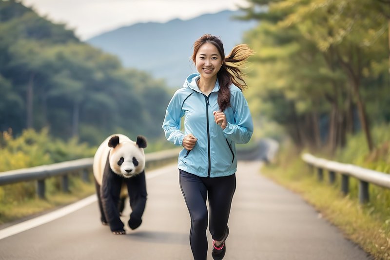 ジョギング,フリー写真,（女性とパンダ）,AI画像生成,無料（フリー素材）04