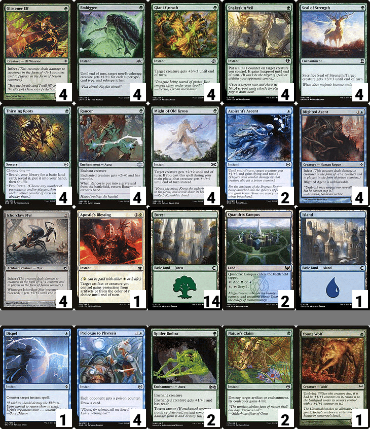Deck
4 Blighted Agent
4 Glistener elf
4 Ichorclaw Myr
4 Embiggen
4 giant growth
2 Aspirant's Ascent
4 Snakeskin Veil
1 Apostle's Blessing
4 Seal of Strength
4 Thirsting Roots
4 Rancor
4 Might of Old Krosa
14 Forest
1 Island
2 Quandrix Campus

Side
1 Young wolf
1 dispel
2 Spider Umbra
2 Nature's Claim
4 Prologue to Phyresis