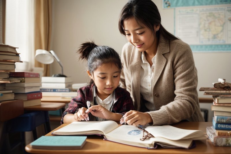 学習・勉強（母親と子供）　AI画像生成、無料（フリー写真・フリー素材）01