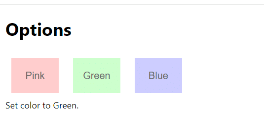 オプション設定ページにPink、Green、Blueの矩形が表示されている。