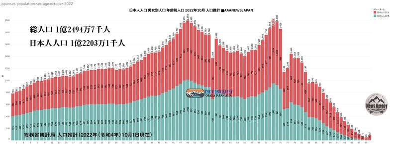 Japanese Population Sex Age Oct 2022 日本人人口 年齢/各歳 性差/男女別での人口 2022年