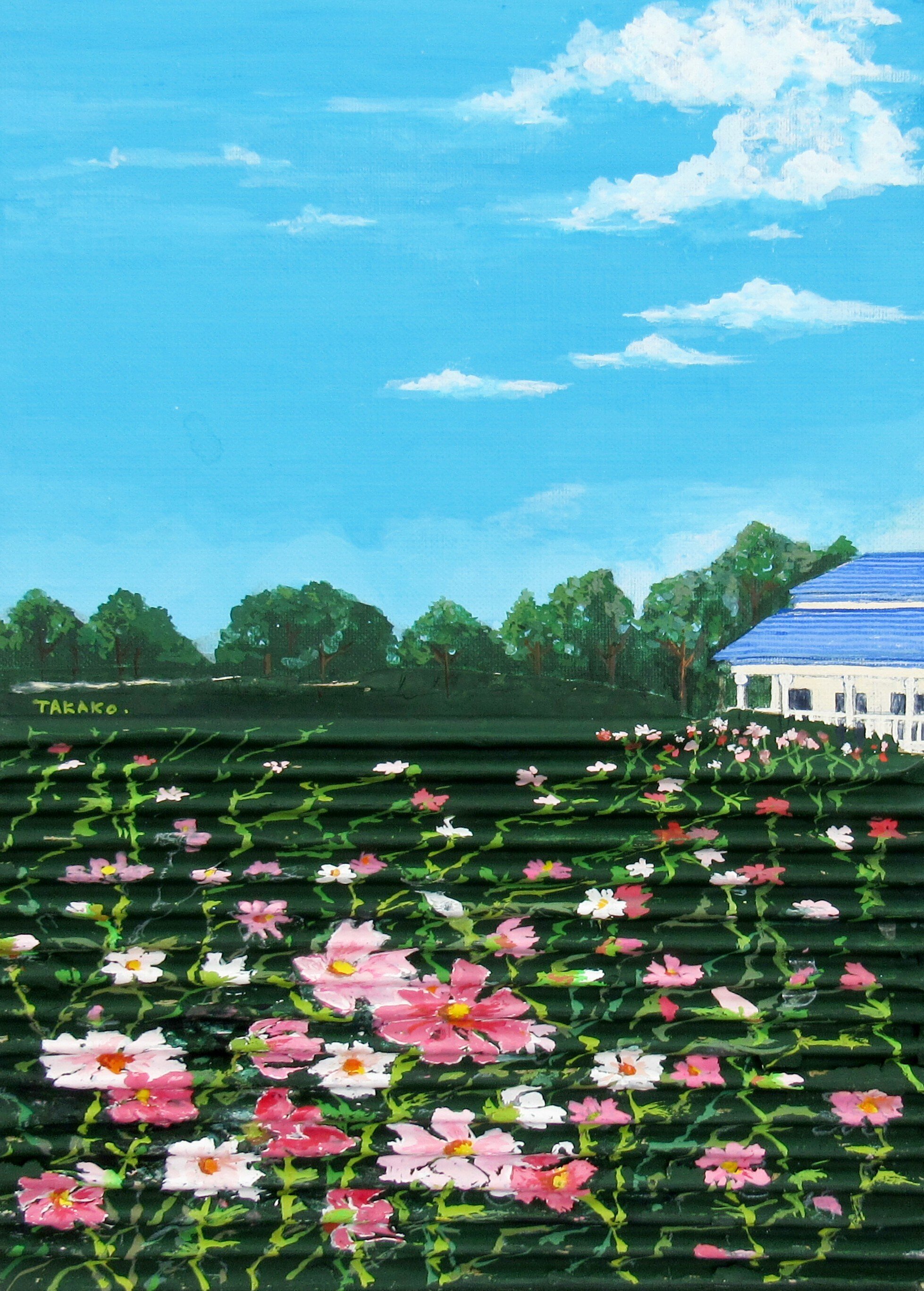 絵画水彩画 ♡♡♡風に揺れるコスモス