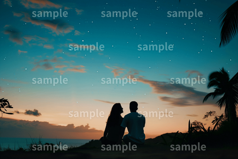 「星空を眺めるカップル」のフリー素材3枚セット｜夜空・天体観測・パワースポット・ポストカード・デートのイメージ画像に｜FREE