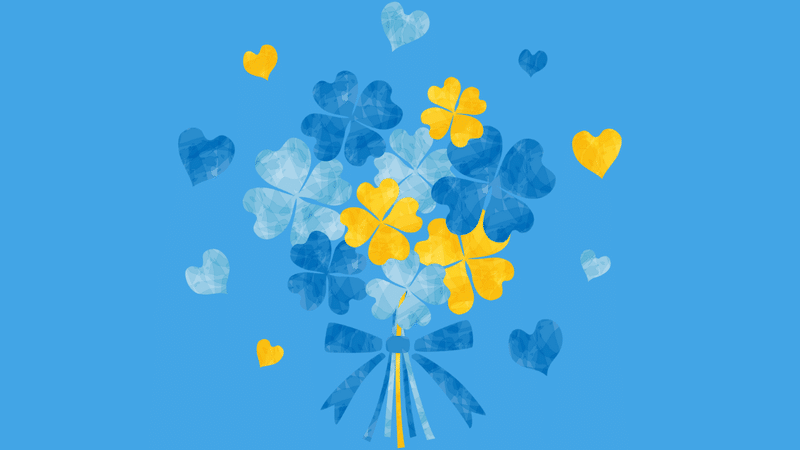 青と黄色の四つ葉のクローバーの花束（メッセージカード）