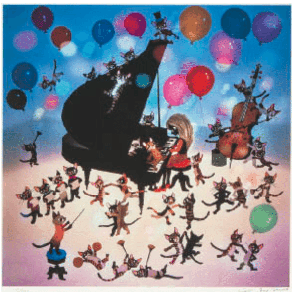 藤城清治】 版画 / シルクスクリーン 「猫と少女の音楽会」 査定 買取