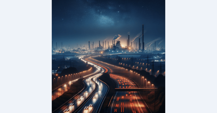 プロンプト：夜の高速道路と工場地帯