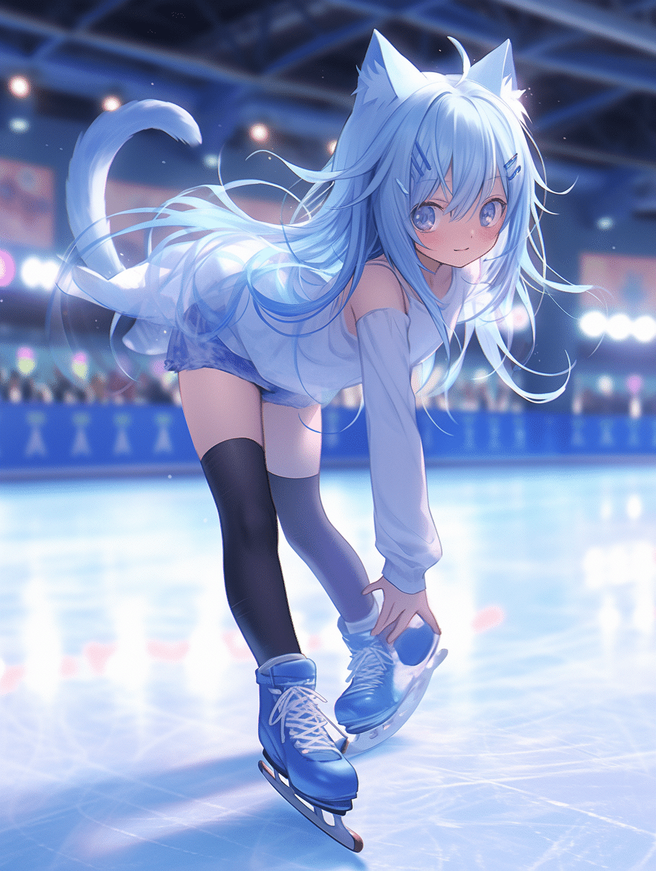 アイススケートをしている青髪猫耳ちゃん｜kazunari