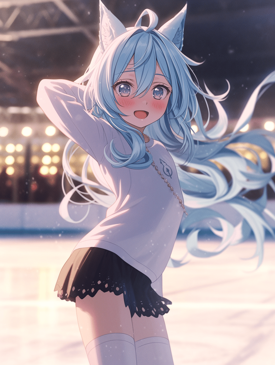 アイススケートをしている青髪猫耳ちゃん｜kazunari