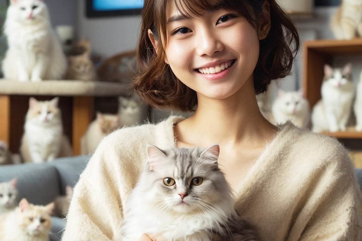 猫好き,猫,フリー写真,女性,美人,美女,動物,人物,AI画像生成,無料（フリー素材,フリー画像）01