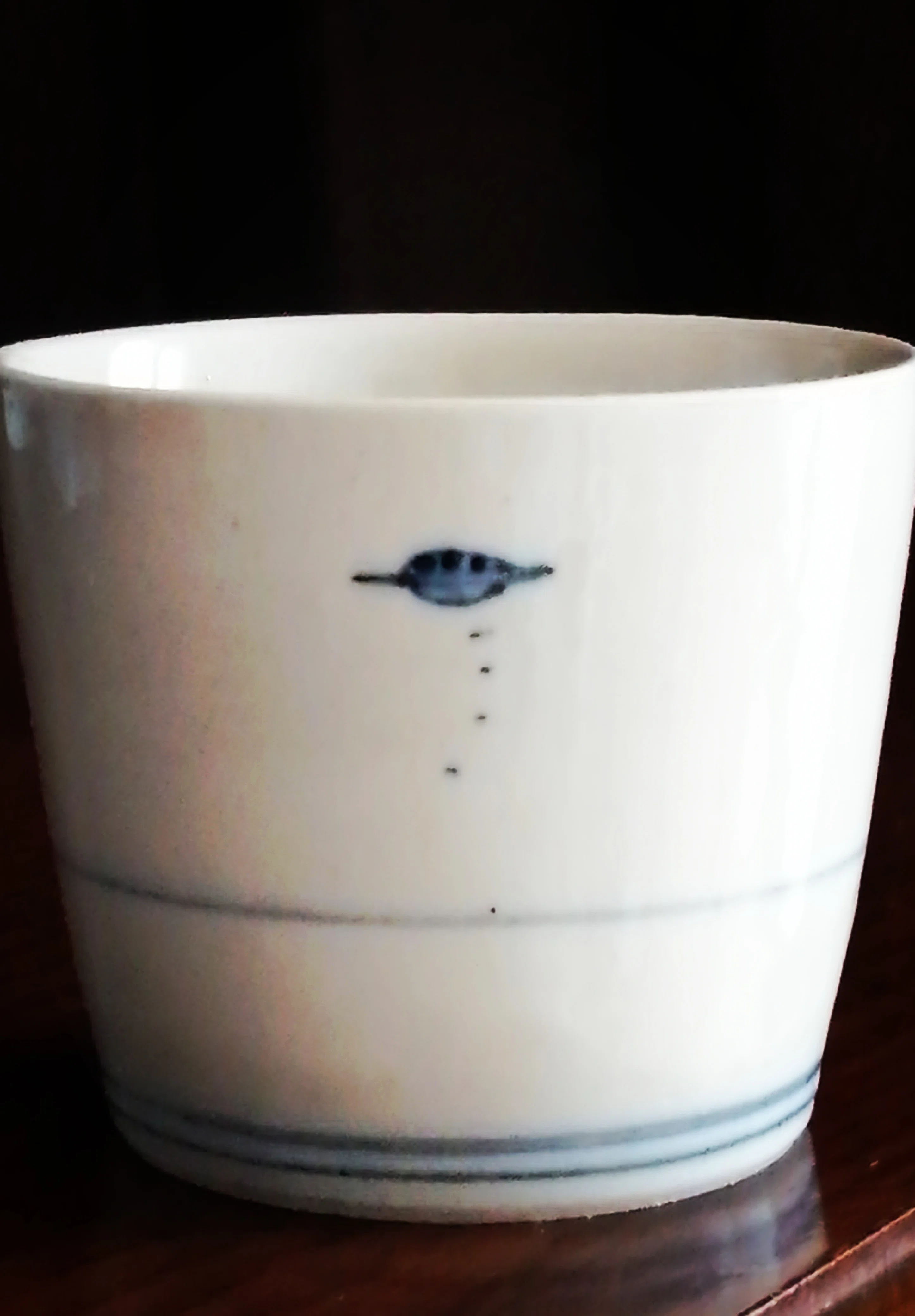 私の妻の家には青絵付けの食器が多い。その中で奇妙なUFOっぽい絵柄の