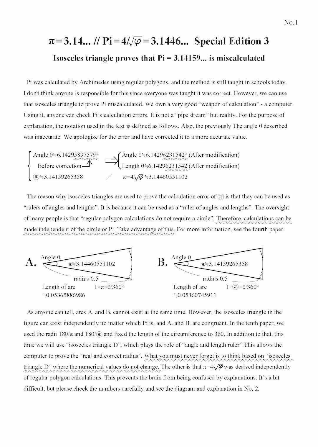 π=3.14... // Pi=4/√φ =3.1446... Special Edition 3 You can check the calculation error of Pi. If