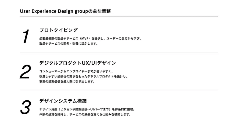 User Experience Design groupの主な業務／1：プロトタイピング。2、デジタルプロダクトUX/UIデザイン。3、デザインシステム構築。